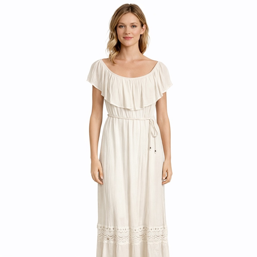 Off-White Ruffle Maxi Dress with Tie Waist
